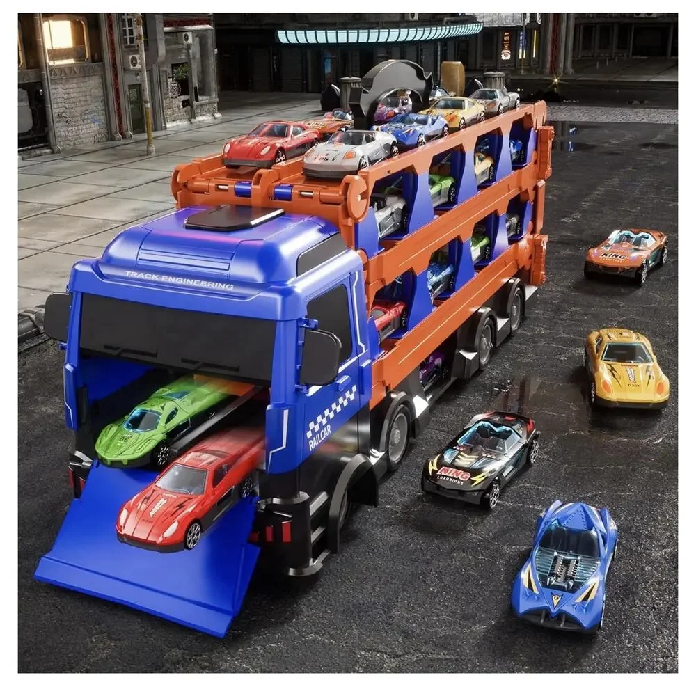 78 Inch Race Track Truck W/ 12 Metal Cars Foldable Carrier Toy Transport Vehicle
